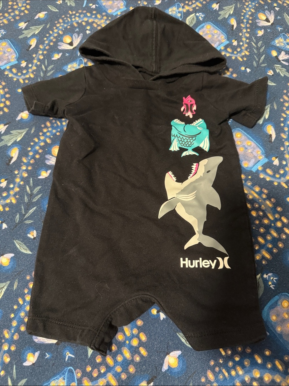 Hurley Black Hooded Shark & Fish Graphic One-Piece